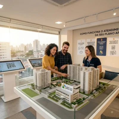 Casal conhecendo maquete de condomínio Minha Casa Minha Vida em estande de vendas Seu Plano AP