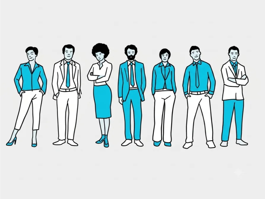 Ilustração de equipe diversa em tons de azul, representando atendimento da Seu Plano AP